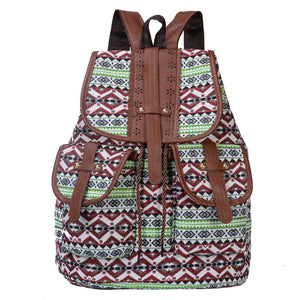 Green Bohemian Style Canvas Backpack | Vintage Tribal Pattern Travel Bag with Leather Straps