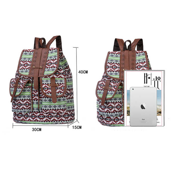 Green Bohemian Style Canvas Backpack | Vintage Tribal Pattern Travel Bag with Leather Straps
