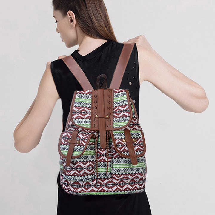 Green Bohemian Style Canvas Backpack | Vintage Tribal Pattern Travel Bag with Leather Straps