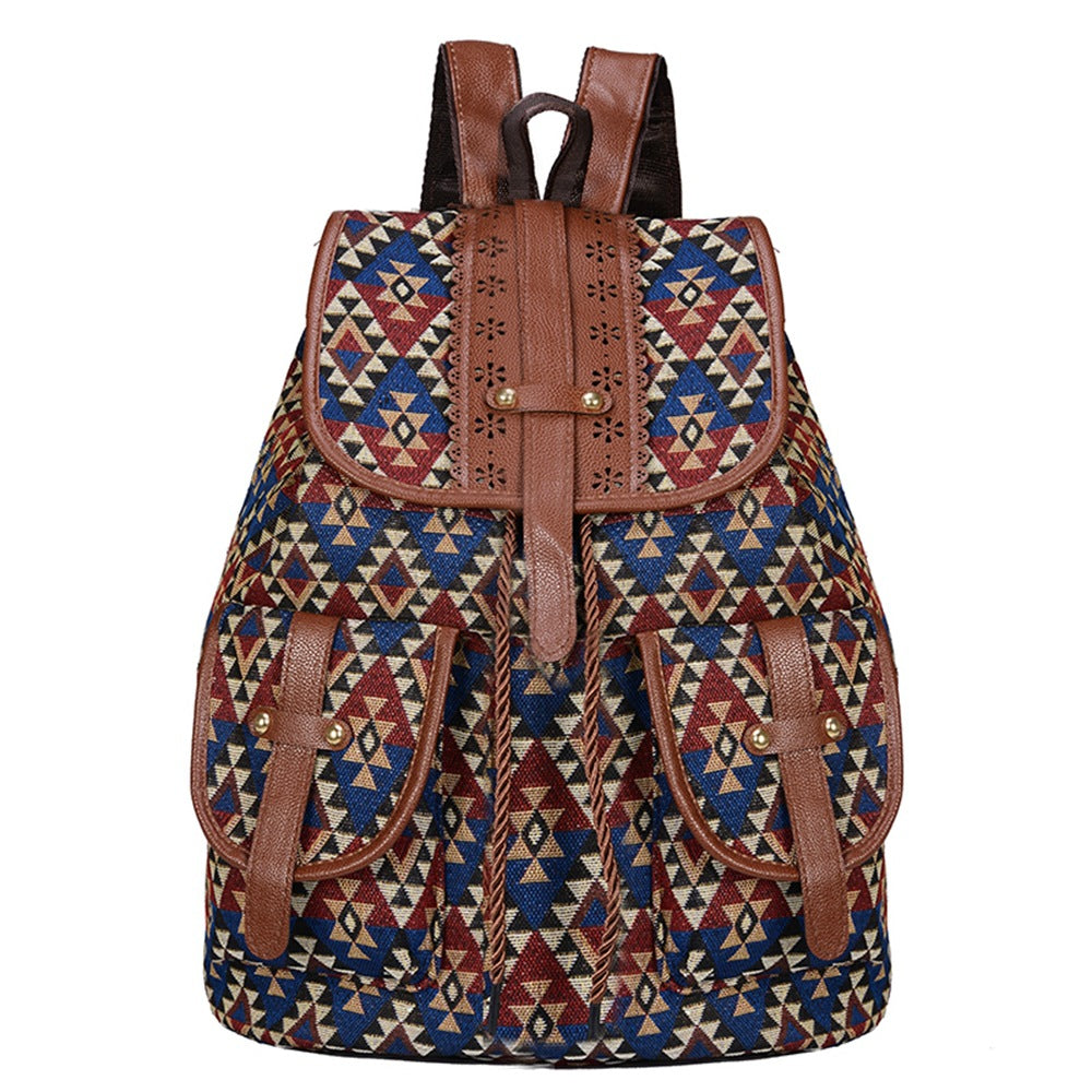 Lozenge Pattern Bohemian Style Canvas Backpack | Vintage Tribal Pattern Travel Bag with Leather Straps