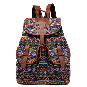 Diamond Pattern Bohemian Style Canvas Backpack | Vintage Tribal Pattern Travel Bag with Leather Straps