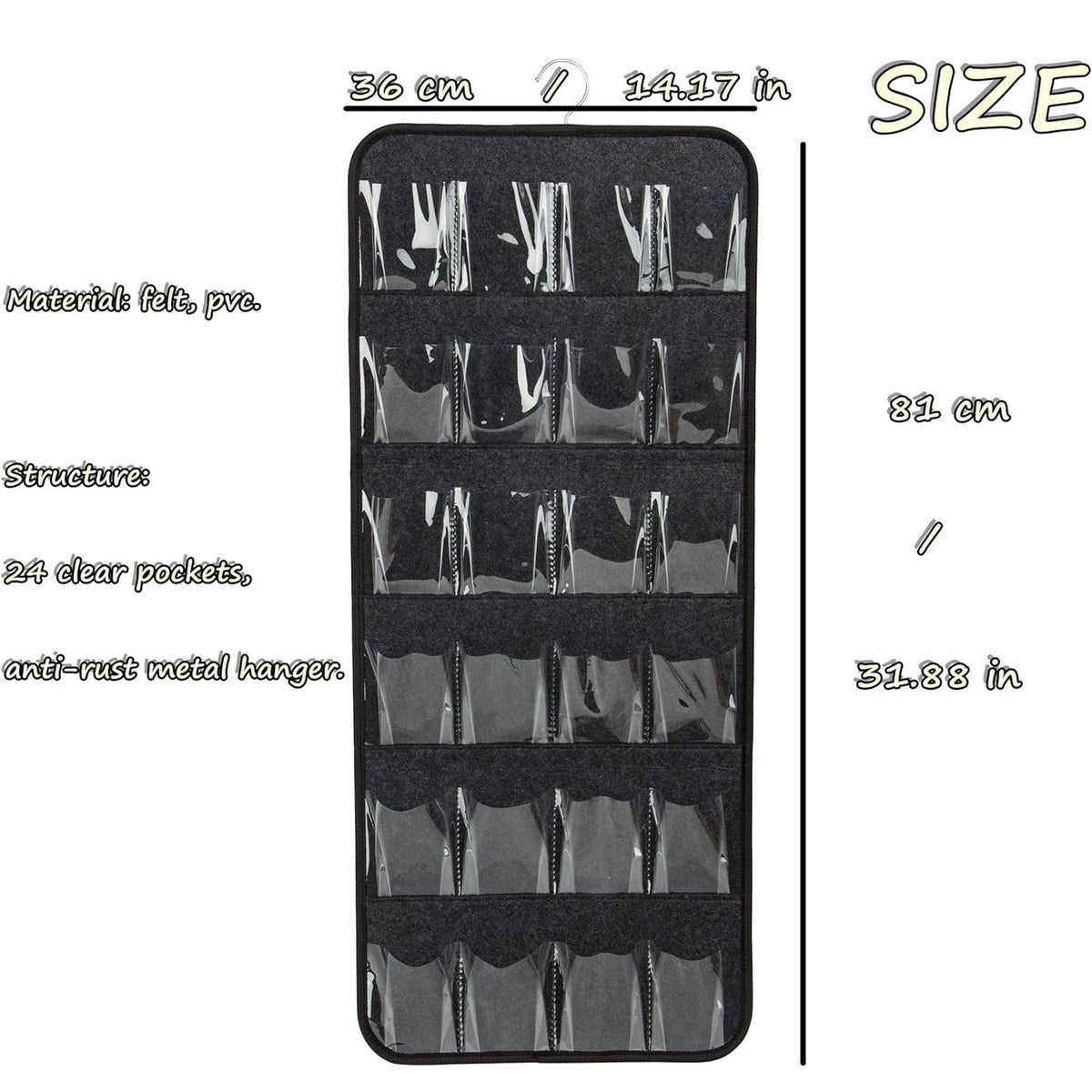 Hanging Felt Shoe Organizer | Grey | 24 Clear Pockets | Anti-Rust Metal Hanger | Storage for Shoes, Toys & Accessories