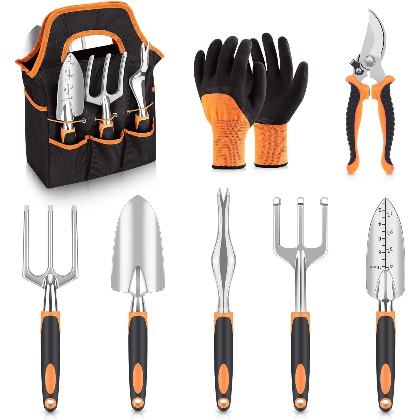 Orange 8-Piece Heavy-Duty Gardening Tool Set | Ergonomic Handles | Storage Bag Included
