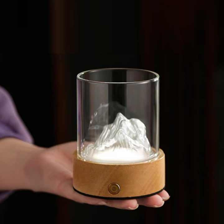Gold LED Glass Night Light with Mountain Design | USB Rechargeable for Soft Ambient Lighting