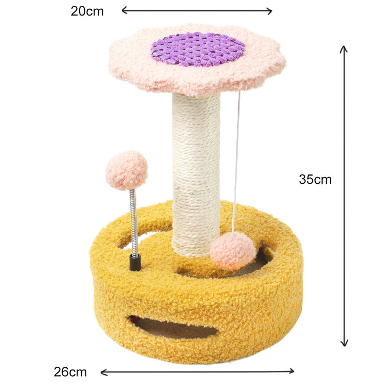 Yellow-Pink Cat Scratching Post | Interactive Design | Playful Ball Toys | Flower Pattern | 35cm Height