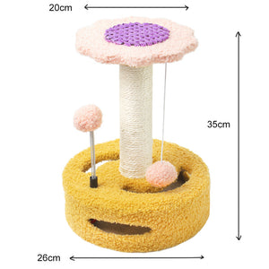 Yellow-Pink Cat Scratching Post | Interactive Design | Playful Ball Toys | Flower Pattern | 35cm Height