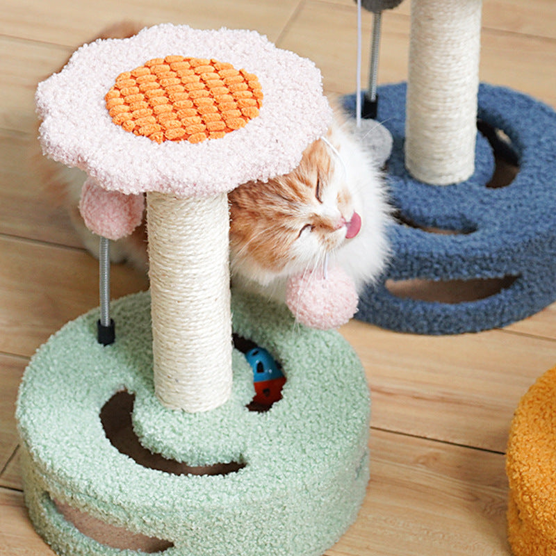 Yellow-Pink Cat Scratching Post | Interactive Design | Playful Ball Toys | Flower Pattern | 35cm Height