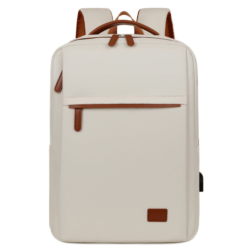Beige Minimalist USB Charging Laptop Backpack | Elegant & Spacious Travel Bag