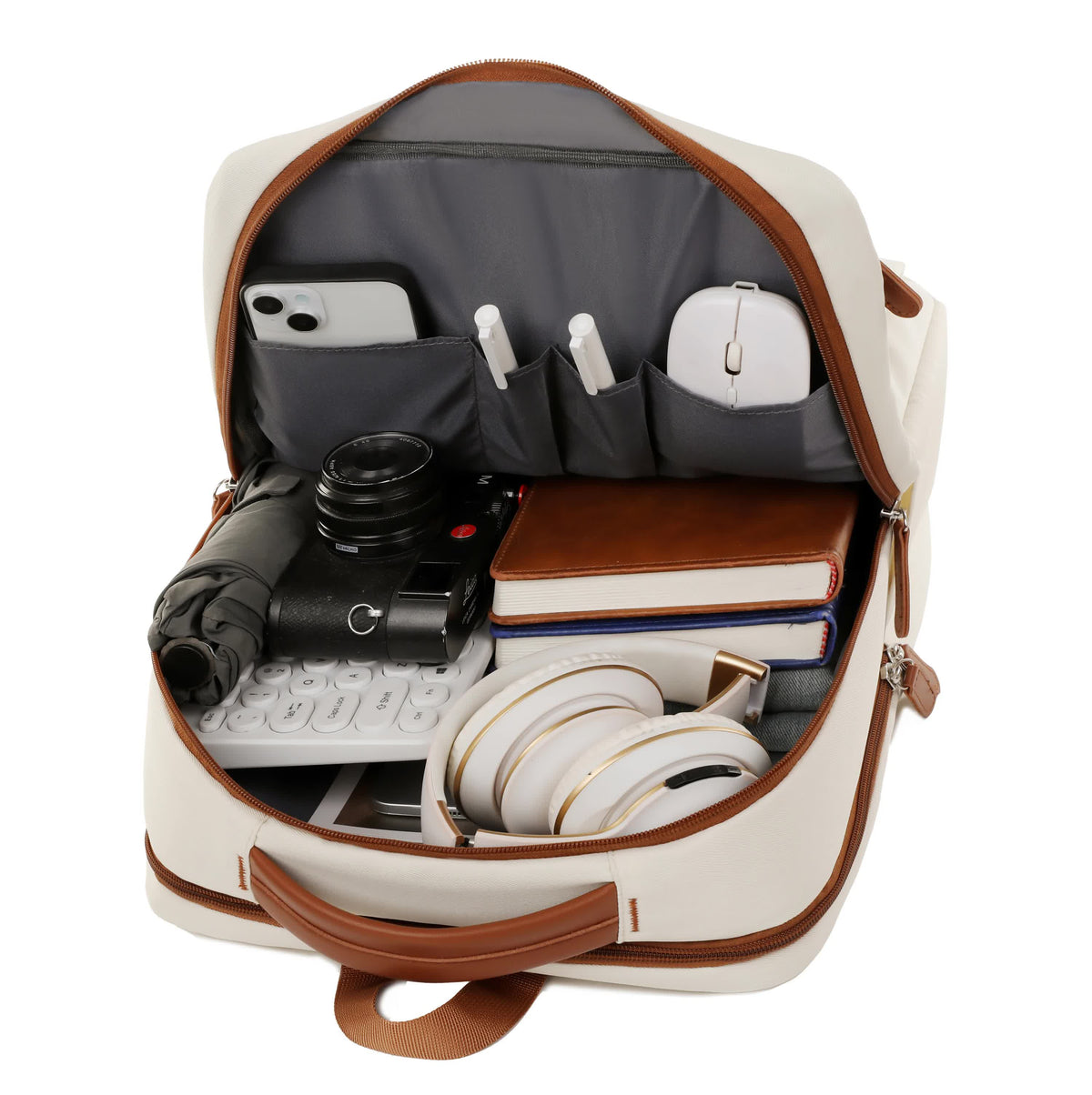Beige Minimalist USB Charging Laptop Backpack | Elegant & Spacious Travel Bag