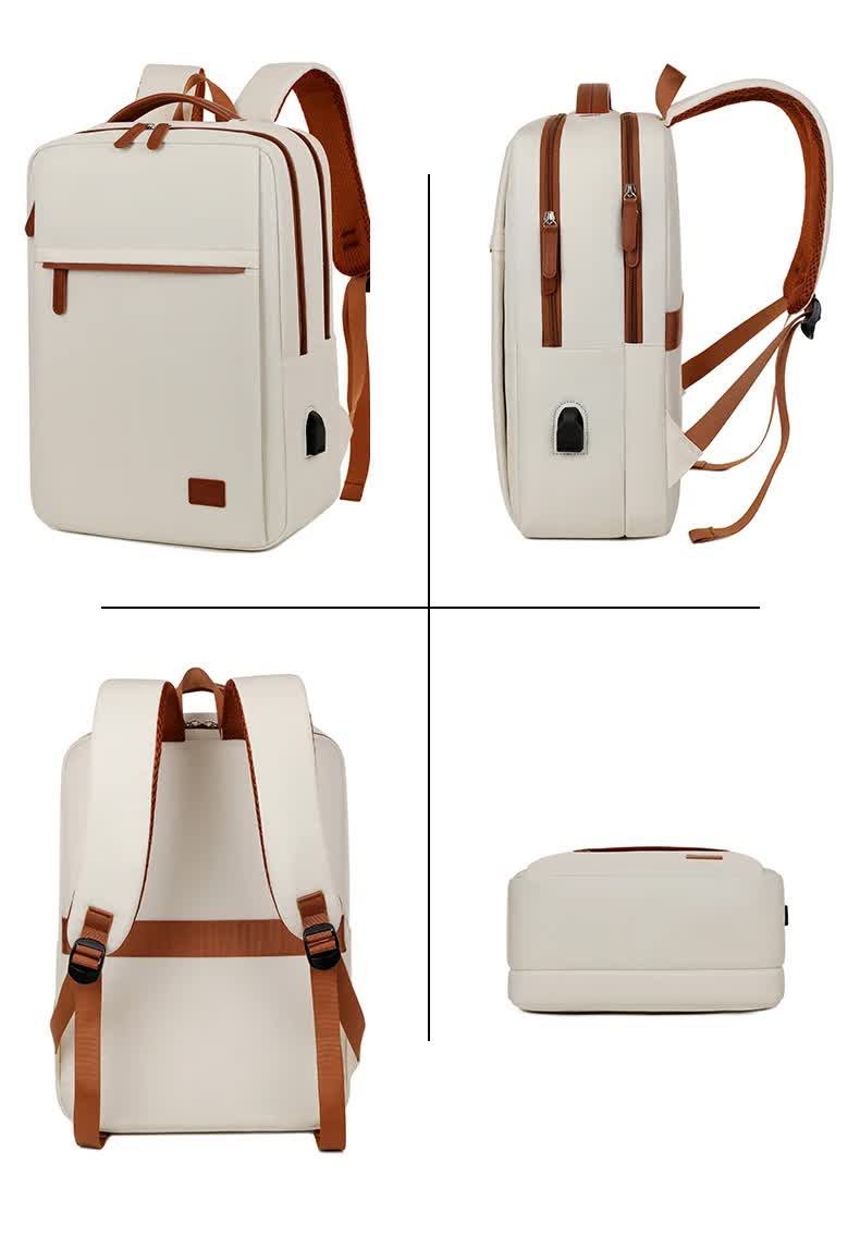 Beige Minimalist USB Charging Laptop Backpack | Elegant & Spacious Travel Bag