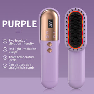 Purple Mini Rechargeable Ionic Hair Straightening Comb | Portable Wireless Vibration Massage Brush | Frizz-Free
