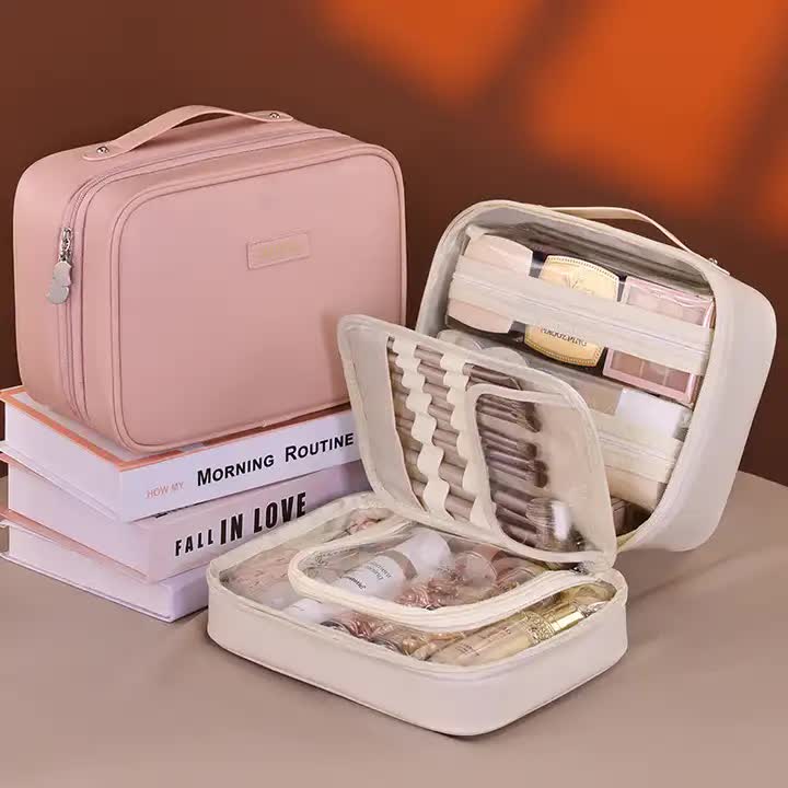 Pink 5-in-1 Multi-Function PU Makeup Organizer | Large Capacity | Cosmetic Storage Bag with Dividers | Portable