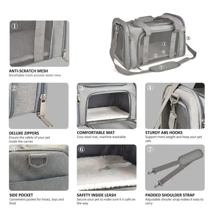 XL Grey Portable Foldable Pet Carrier Bag | Large Capacity | Travel Carrier for 2 Small Pets | Stylish Cat Backpack