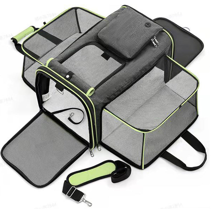 Gray-Green Foldable Pet Carrier Backpack | Large Capacity Travel Bag for Cats & Small Dogs | Expandable Handheld Outdoor Carrier