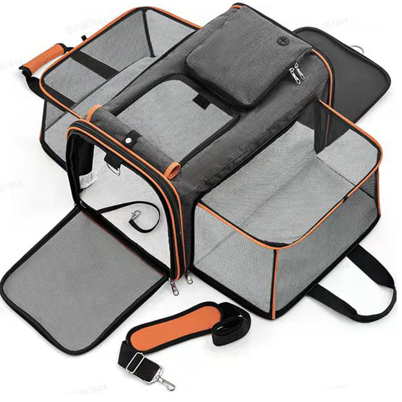 Foldable Pet Carrier Bag | Gray-Orange | Expandable Travel Backpack | Large Capacity | Handheld Design