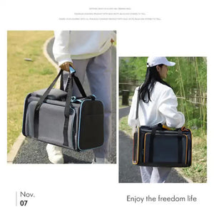 Foldable Pet Carrier Bag | Gray-Orange | Expandable Travel Backpack | Large Capacity | Handheld Design