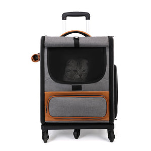 Grey Large Capacity Breathable Foldable Pet Trolley | Travel Cat Carrier with Wheels | Portable & Spacious for Two Cats