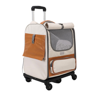 Off-White Large Capacity Breathable Foldable Pet Trolley | Travel Cat Carrier with Wheels | Portable & Spacious for Two Cats