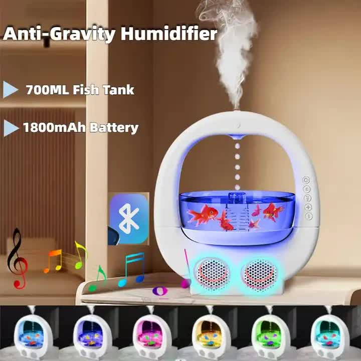 Black 3-in-1 Anti-Gravity Humidifier | Aromatherapy Machine | Bluetooth Speaker | Fish Tank Ambient Light