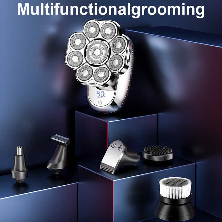 New Digital Display 9-Blade Electric Shaver | 6-in-1 Rechargeable Head Shaver & Grooming Kit