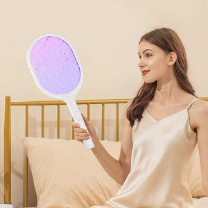 White Rechargeable Electric Mosquito Racket | 2-in-1 Mosquito Killer with Lithium Battery | Fly Swatter & Zapper