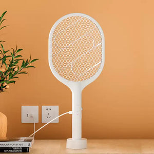 White Rechargeable Electric Mosquito Racket | 2-in-1 Mosquito Killer with Lithium Battery | Fly Swatter & Zapper