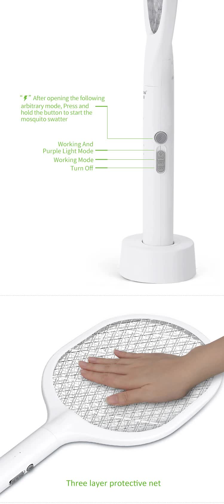 White Rechargeable Electric Mosquito Racket | 2-in-1 Mosquito Killer with Lithium Battery | Fly Swatter & Zapper