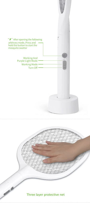 White Rechargeable Electric Mosquito Racket | 2-in-1 Mosquito Killer with Lithium Battery | Fly Swatter & Zapper