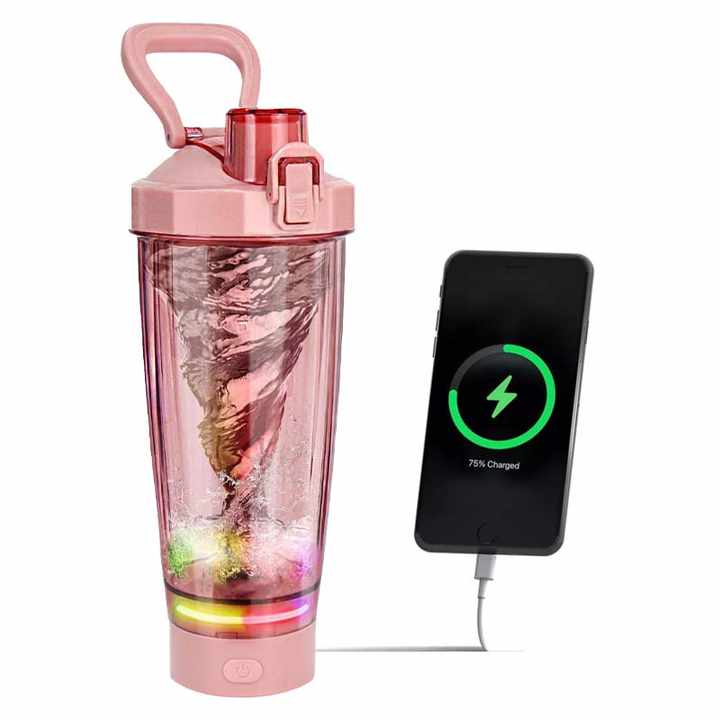 Pink Portable Electric Shaker Bottle | LED Light | 550ml Sports Protein Mixer Cup | Gym & Travel
