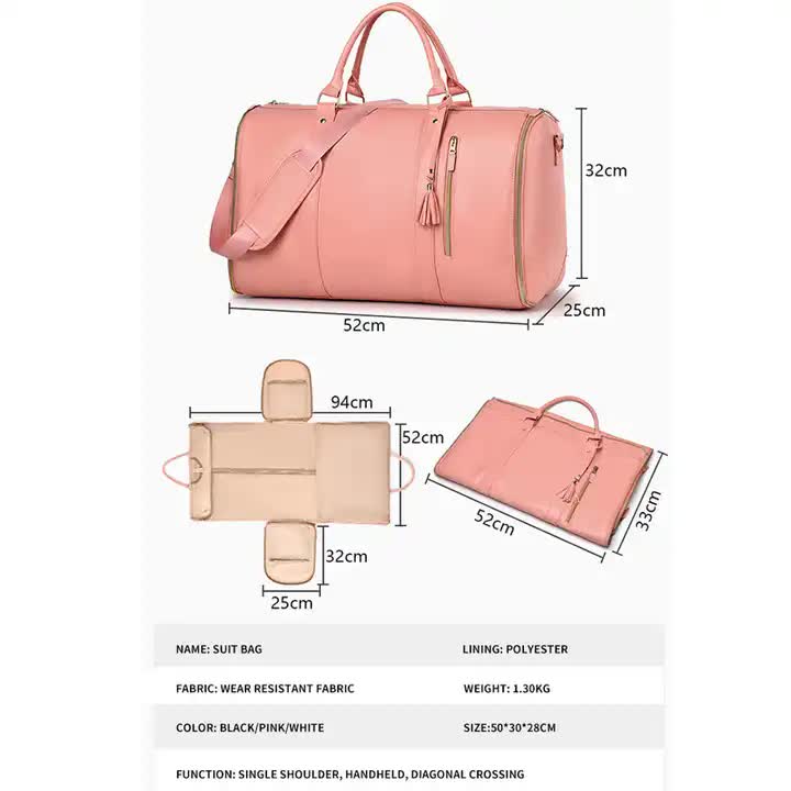 Pink PU Leather Garment Bag | Foldable Design | Women's Travel Duffel | Suit Carrier & Storage