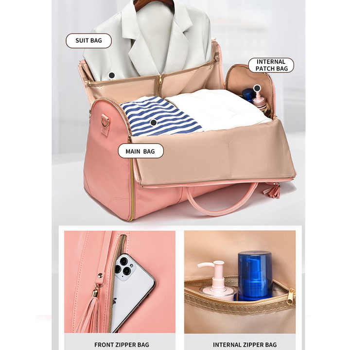 Pink PU Leather Garment Bag | Foldable Design | Women's Travel Duffel | Suit Carrier & Storage