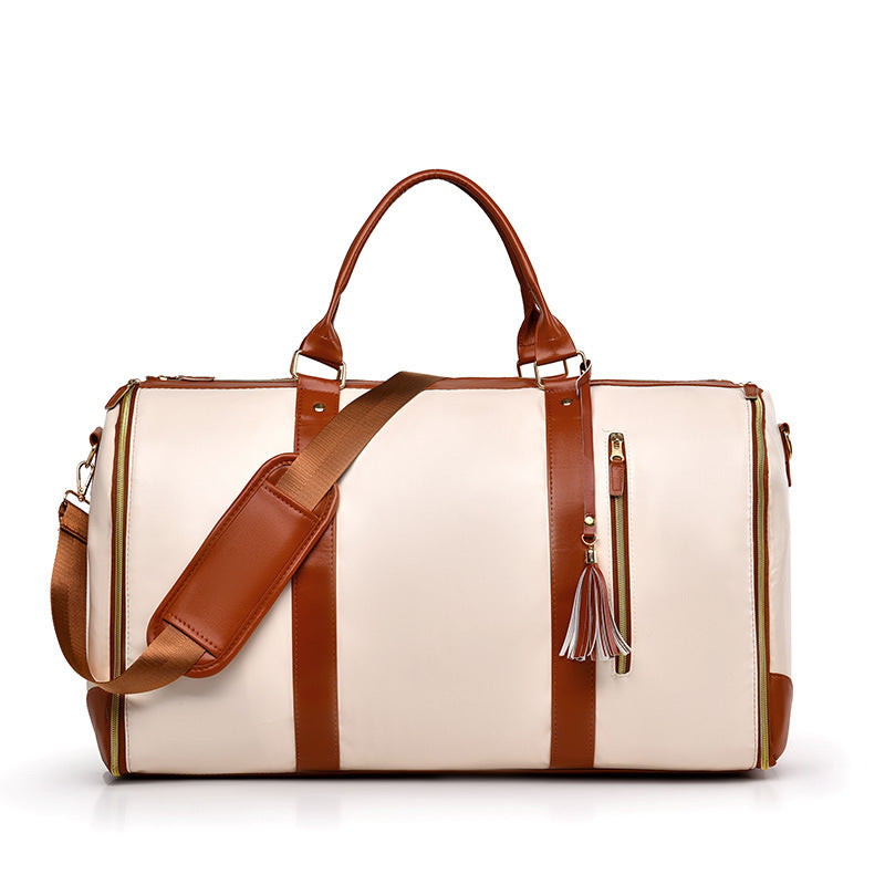 White and Brown PU Leather Garment Bag | Foldable Travel Duffel | Women's Suit Carrier | Versatile Storage