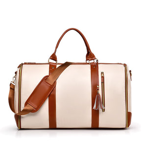White and Brown PU Leather Garment Bag | Foldable Travel Duffel | Women's Suit Carrier | Versatile Storage