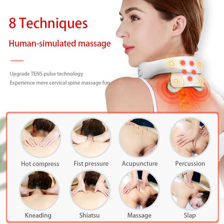 White Portable Electric Neck Massager | Intelligent Pulse Therapy | Heat Function | 4 Massage Heads
