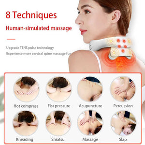 White Portable Electric Neck Massager | Intelligent Pulse Therapy | Heat Function | 4 Massage Heads