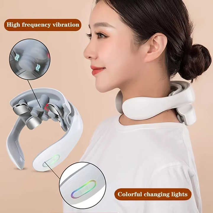 White Portable Electric Neck Massager | Intelligent Pulse Therapy | Heat Function | 4 Massage Heads