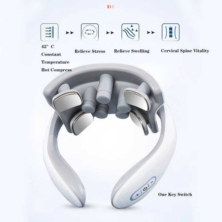 White Portable Electric Neck Massager | Intelligent Pulse Therapy | Heat Function | 4 Massage Heads