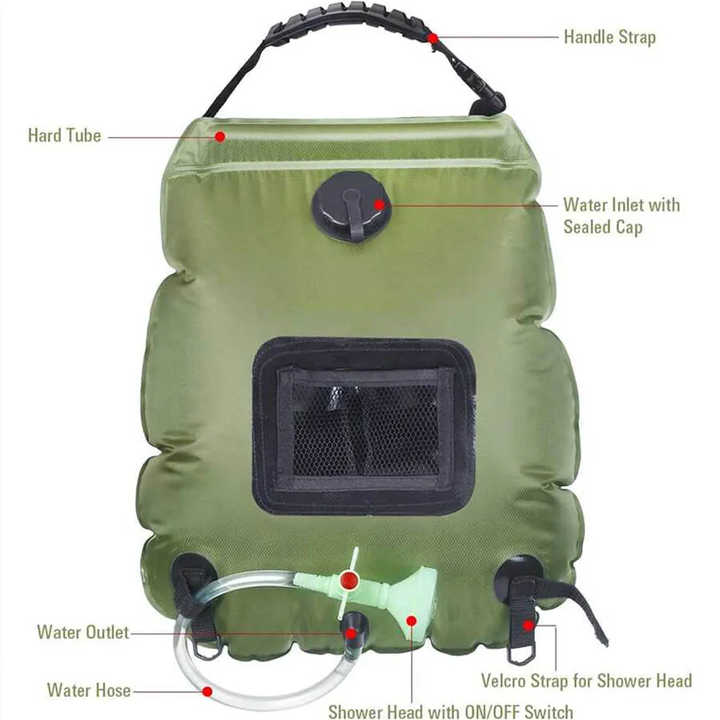 Portable Solar Camping Shower Bag | Green | Foldable 20L Outdoor Water Storage | Temperature Display | Hiking & Travel Essential