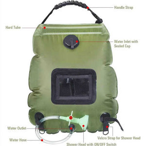 Portable Solar Camping Shower Bag | Green | Foldable 20L Outdoor Water Storage | Temperature Display | Hiking & Travel Essential