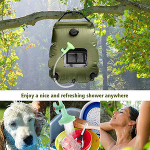 Portable Solar Camping Shower Bag | Green | Foldable 20L Outdoor Water Storage | Temperature Display | Hiking & Travel Essential