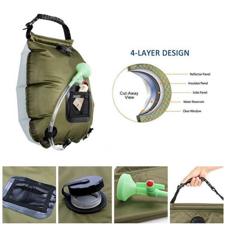 Portable Solar Camping Shower Bag | Green | Foldable 20L Outdoor Water Storage | Temperature Display | Hiking & Travel Essential
