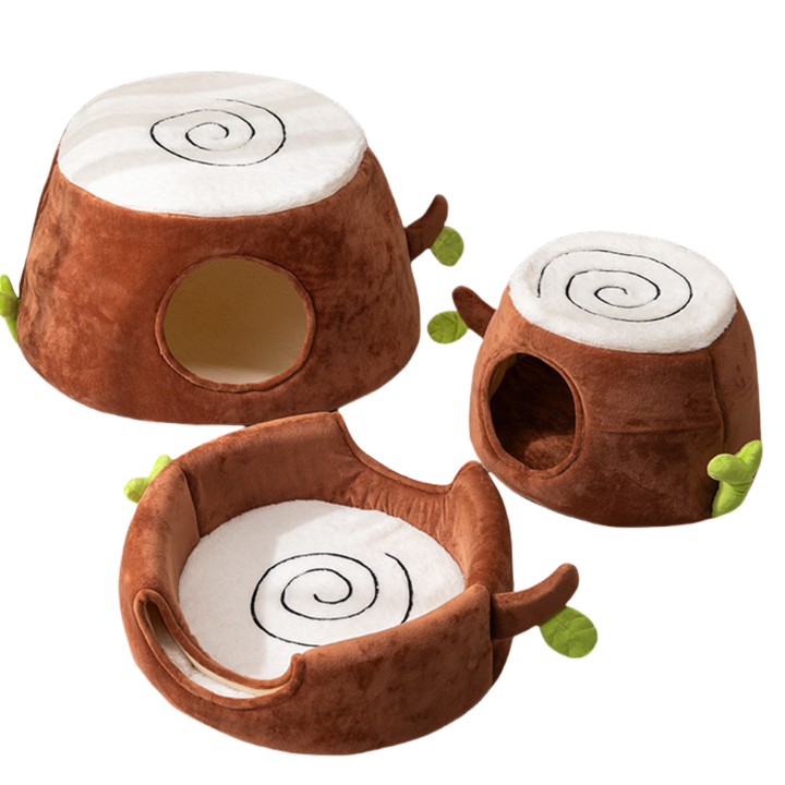 Convertible Tree Stump Cat Bed | Foldable Design | Four-Season Pet Nest | Double Doors | Size S