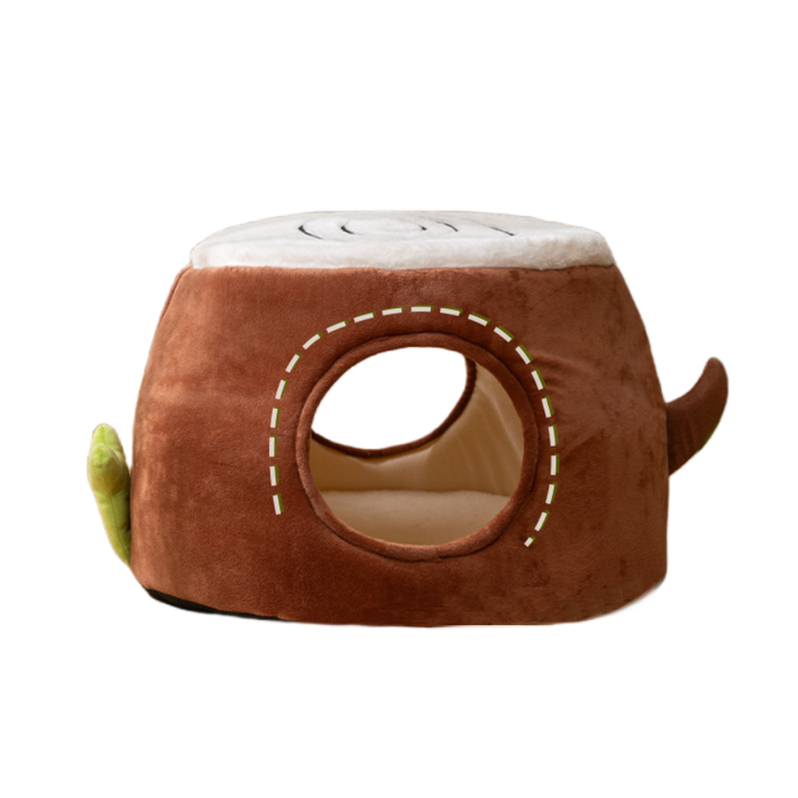 Convertible Tree Stump Cat Bed | Foldable Design | Four-Season Pet Nest | Double Doors | Size S