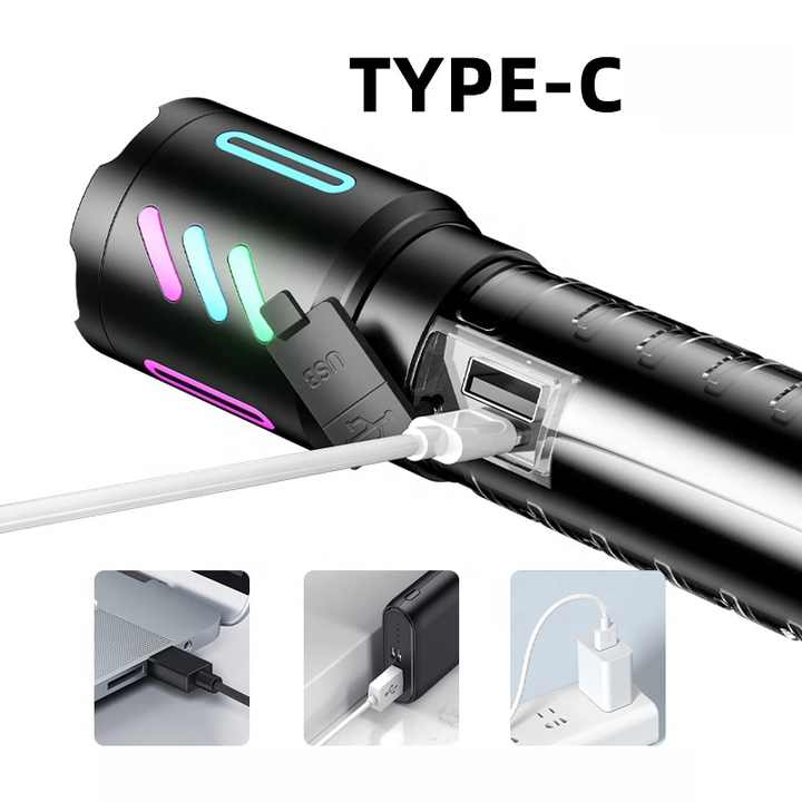 LED Rechargeable Laser Flashlight | Multifunctional Type-C Strong Light Torch | Adjustable Zoom