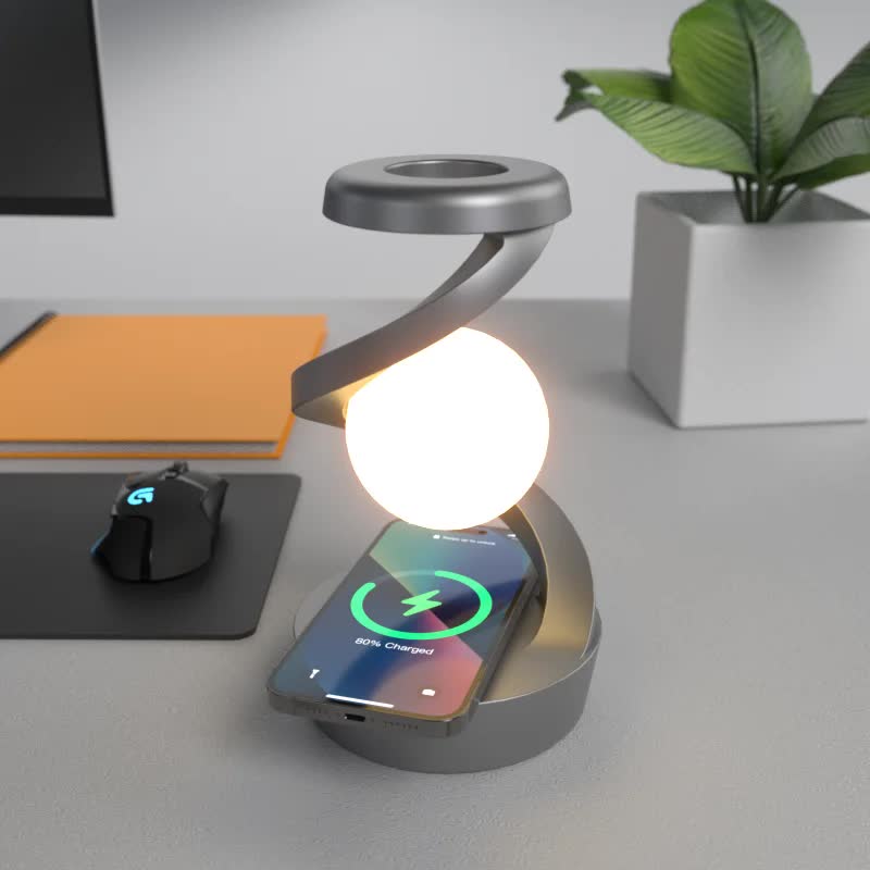 Black 360° Rotating Floating Night Light | Wireless Charging Table Lamp | 7-Color RGB | USB Rechargeable