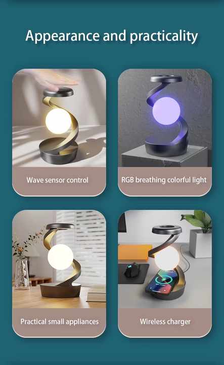 Black 360° Rotating Floating Night Light | Wireless Charging Table Lamp | 7-Color RGB | USB Rechargeable
