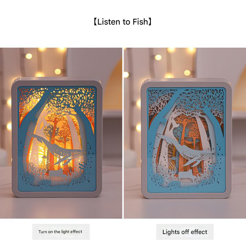 Listening to Fish Style 3D Paper Carving Night Light | USB/Battery Powered Decorative Bedside Lamp | Creative Atmosphere Lamp