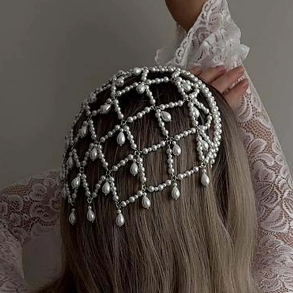 Boho Pearl Headband | Silver Net | Vintage Mesh Hair Accessory | Faux Pearl Bridal Hairpiece