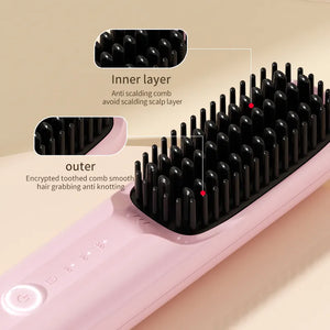 Black Wireless Hair Straightening Brush | Portable 2-in-1 Styling Tool | USB Charging | Ceramic Heat Technology