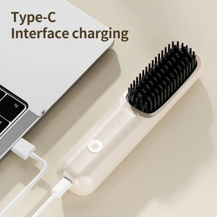 Black Wireless Hair Straightening Brush | Portable 2-in-1 Styling Tool | USB Charging | Ceramic Heat Technology